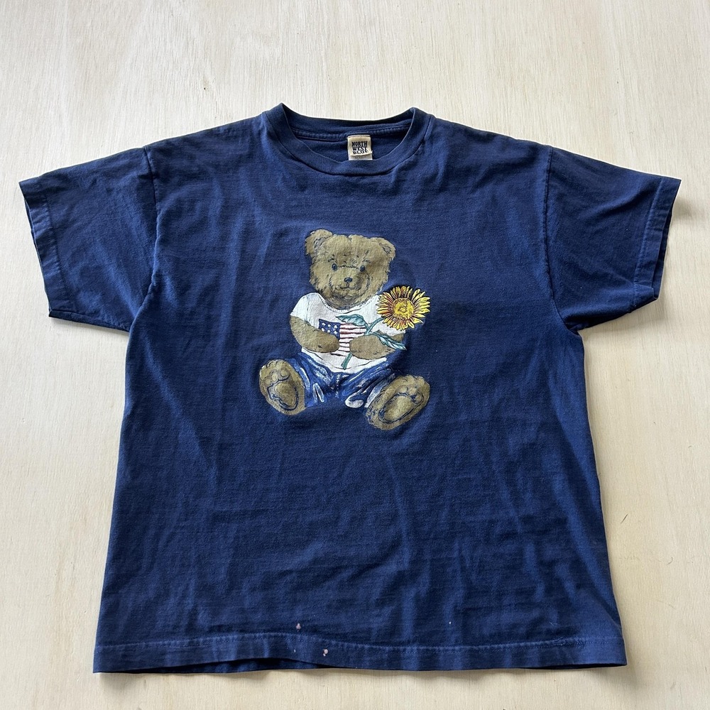 Vintage Northwest Blue Shirt Mens Large Blue Teddy Bear USA Flag Sunflower Tee